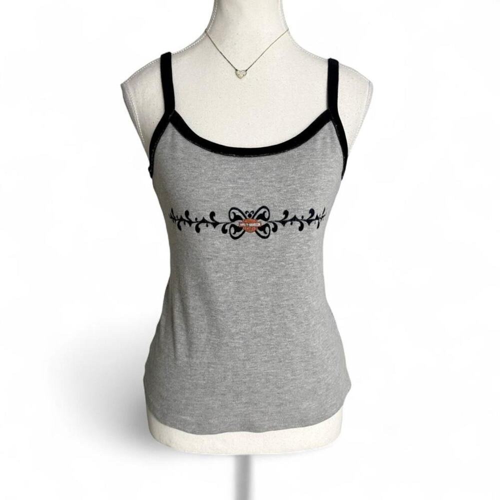 Harley Davidson grey tank top black straps orange accents lace grunge Size Large